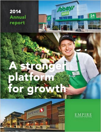Text Reading 'A stronger platform for growth' along with a picture of Sobeys worker giving vegetables to a customer.