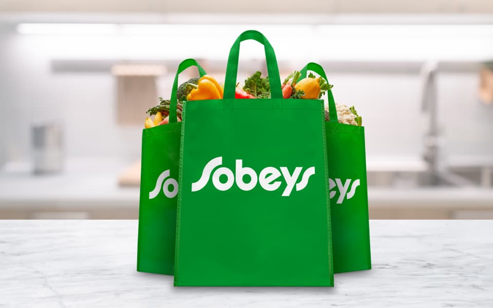 Sustainable grocery bags with Sobeys logo on them