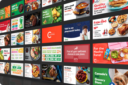 A wall of screens displaying different colourful images