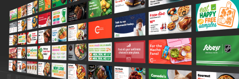 A wall of screens displaying different colourful images